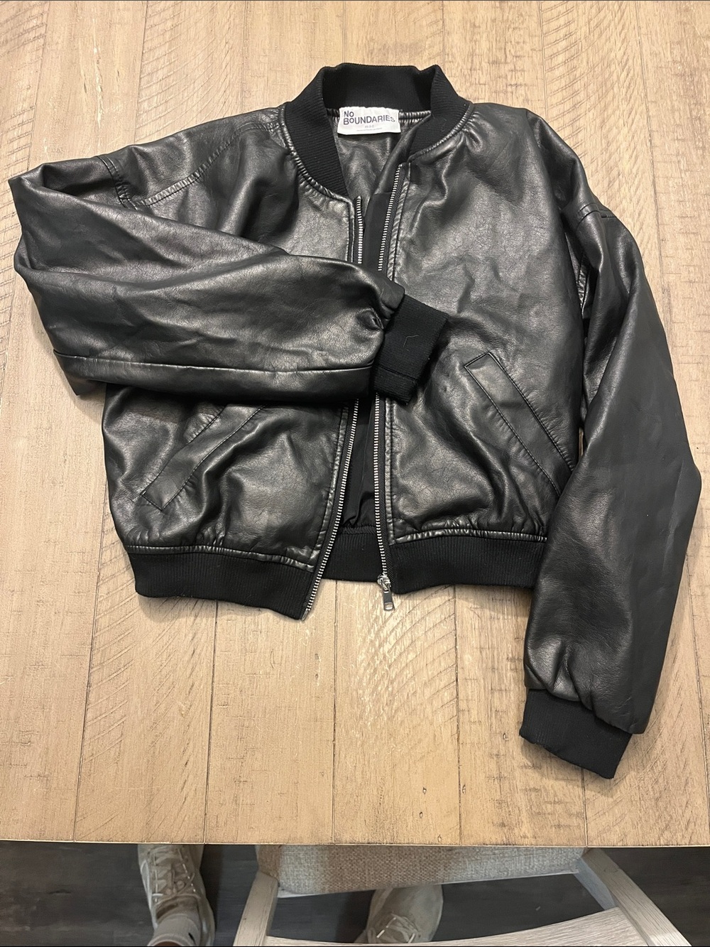 No Boundaries Black Faux Leather Bomber Jacket